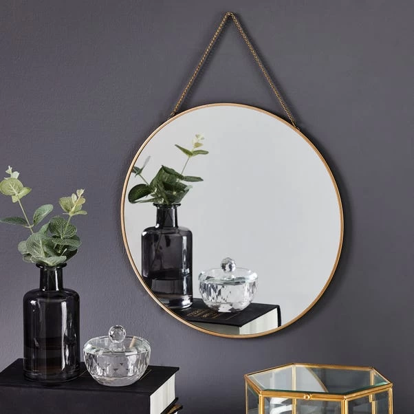 Dunelm Round Hanging Chain Wall Mirror, Gold 29.5cm