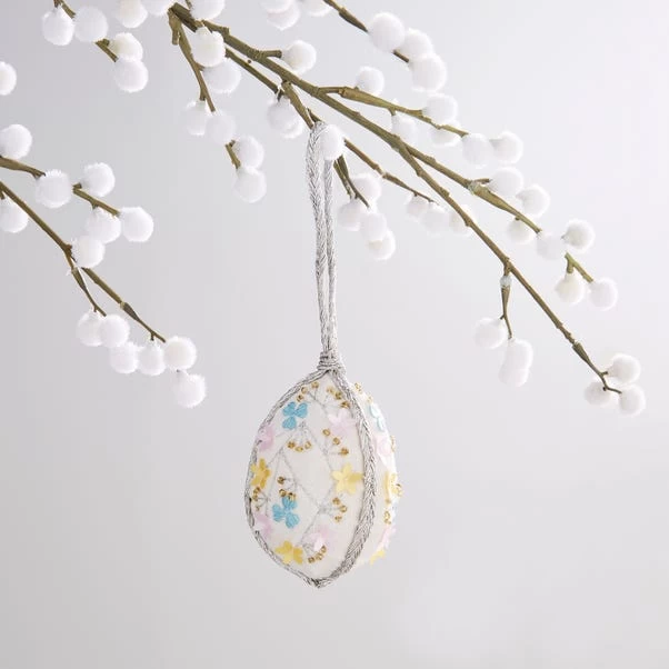 Dunelm White Embroidered Hanging Egg Decoration